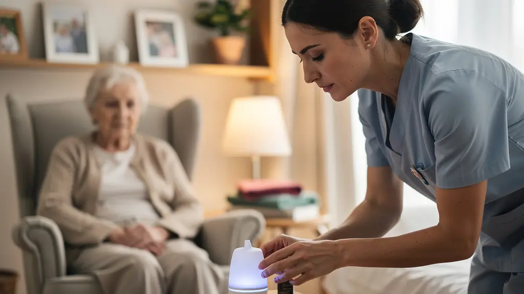 Infirmière installant un diffuseur d'huiles essentielles dans une chambre de patient âgé