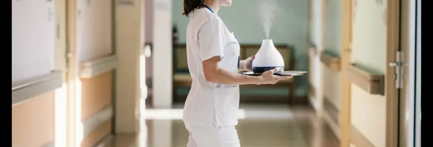Soignante en aromathérapie clinique traversant un couloir d'EHPAD avec matériel de diffusion