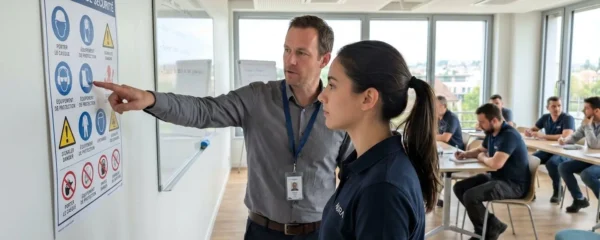 Une formatrice de dos pointe du doigt un support de formation mural comportant des pictogrammes de sécurité tandis qu'un stagiaire de profil observe attentivement dans une salle lumineuse