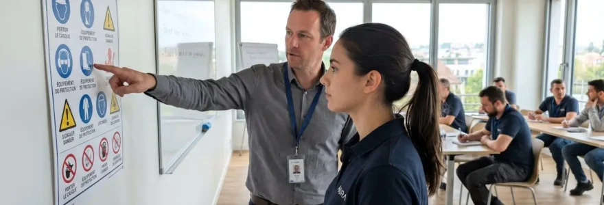 Une formatrice de dos pointe du doigt un support de formation mural comportant des pictogrammes de sécurité tandis qu'un stagiaire de profil observe attentivement dans une salle lumineuse