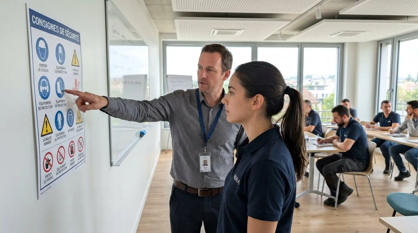 Une formatrice de dos pointe du doigt un support de formation mural comportant des pictogrammes de sécurité tandis qu'un stagiaire de profil observe attentivement dans une salle lumineuse