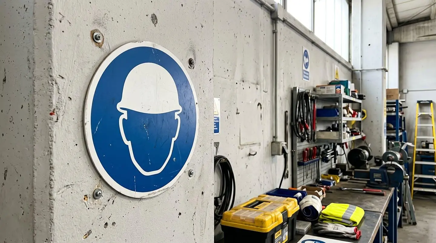 Gros plan détaillé d'un pictogramme de sécurité ISO 7010 représentant le port du casque obligatoire sur fond blanc moderne