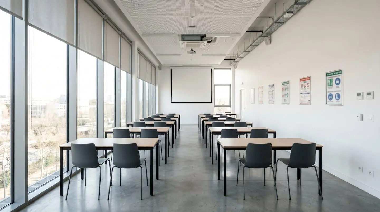 Vue large d'une salle de formation vide et lumineuse avec tables en rangées et affiches de sécurité comportant des pictogrammes accrochées au mur blanc