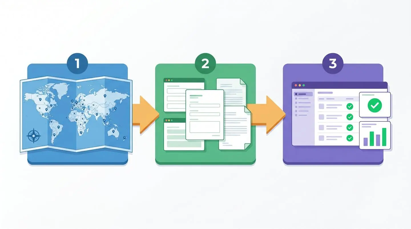 Illustration des 3 étapes de standardisation du processus administratif formation : cartographie, modèles de documents, fiabilisation des données